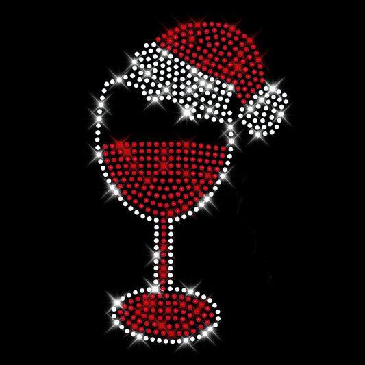 Glitzerdeals Bügelbild Strass Weihnachten Weinglas rot mit Weihnachtsmütze Strassmotiv zum Aufbügeln Weihnachten Bügelmotiv Weihnachtsmütze Strass Aufbügler Weihnachten