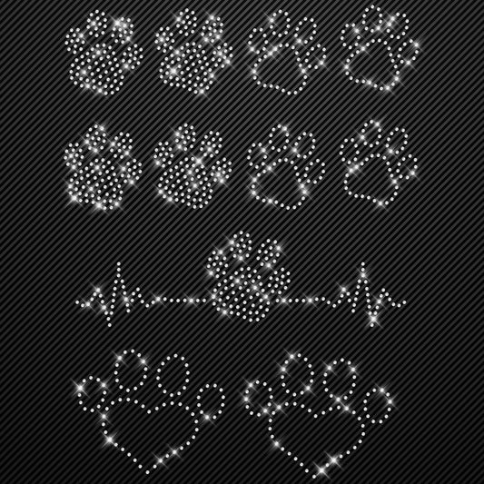Strass Bügelbilder Pfoten Set Strassmotiv zum Aufbügeln Aufbügler iron-on-rhinestone transfer Bügelmotiv Glitzerbild Pfote Hundepfote Pfoten