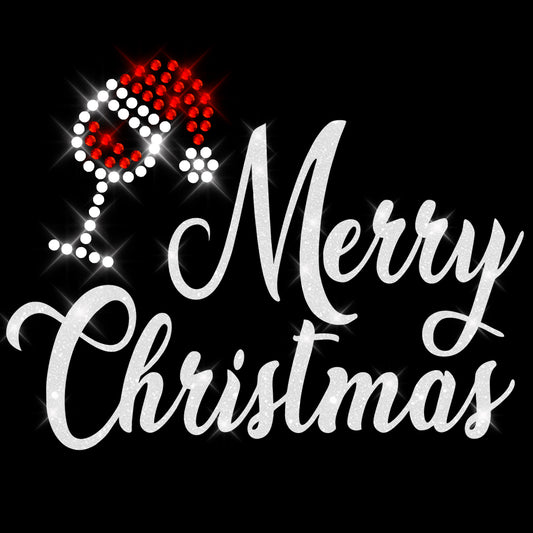 Glitzerdeals Bügelbild Strass und Glitzer Weihnachten Merry Christmas Schriftzug wie glitzernder Schnee und Strass Weinglas mit Weihnachtsmütze zum Aufbügeln Weihnachten Bügelmotiv Strass Aufbügler