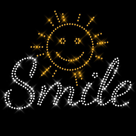 Glitzerdeals Bügelbild Strass Smilie mit Sonne Strassmotiv zum Aufbügeln Sonne Bügelmotiv Smile Strass Aufbügler Sonne