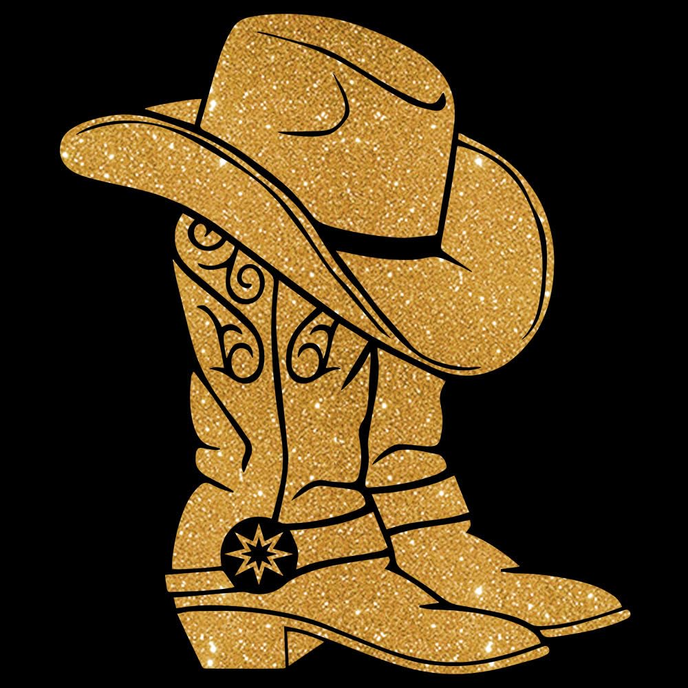 Glitzerdeals Bügelbild Glitzer Line Dance Cowboystiefel Glitzerbild zum Aufbügeln Line Dance Glitzerflex Cowboyhut Bling Aufbügler Line Dance
