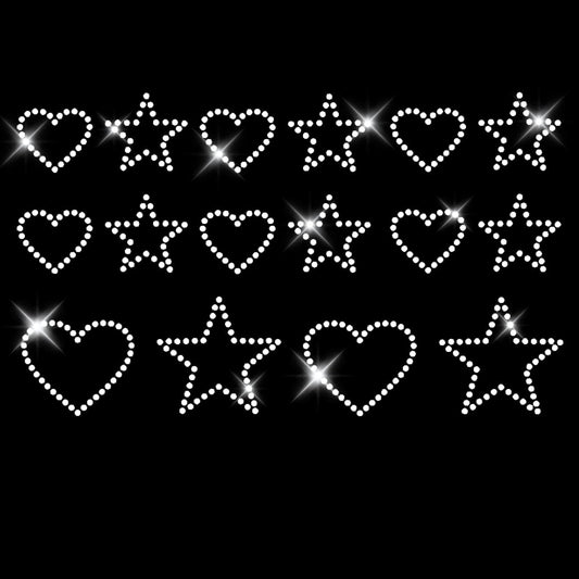 Glitzerdeals Bügelbild Strass Sterne und Herzen Set kristall klein Strassmotiv zum Aufbügeln Sterne Bügelmotiv Herzen Strass Aufbügler Sterne