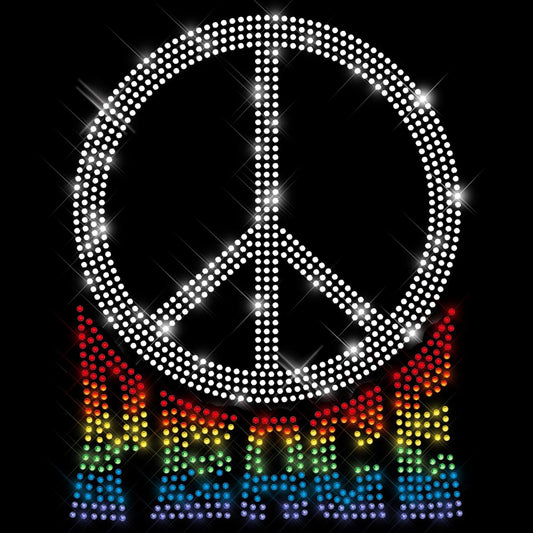 Glitzerdeals Bügelbild Strass Peace Symbol mit Schriftzug rainbow Pride Strassmotiv zum Aufbügeln Peace Bügelmotiv Peacezeichen Strass Aufbügler Peace