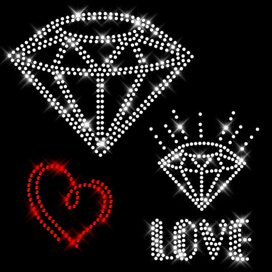 Glitzerdeals Bügelbild Strass Diamanten und Love mit Herz Set Strassmotiv zum Aufbügeln Diamanten Bügelmotiv Bling-Bling Strass Aufbügler Diamanten