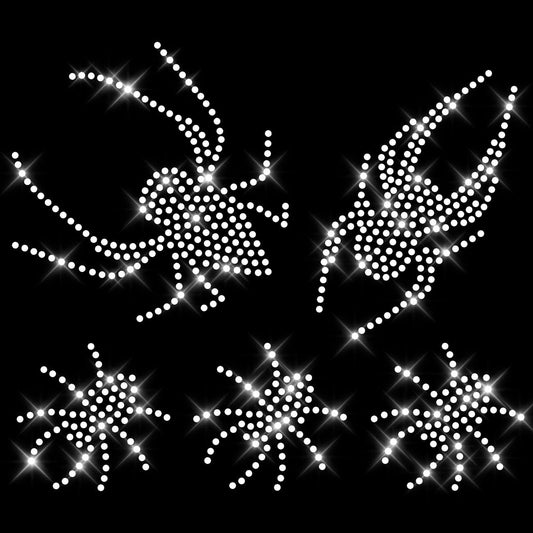Glitzerdeals Bügelbild Strass Halloween 5er Set Spinne kristall Strassmotiv zum Aufbügeln Spinne Bügelmotiv Spinnen Strass Aufbügler Spinne