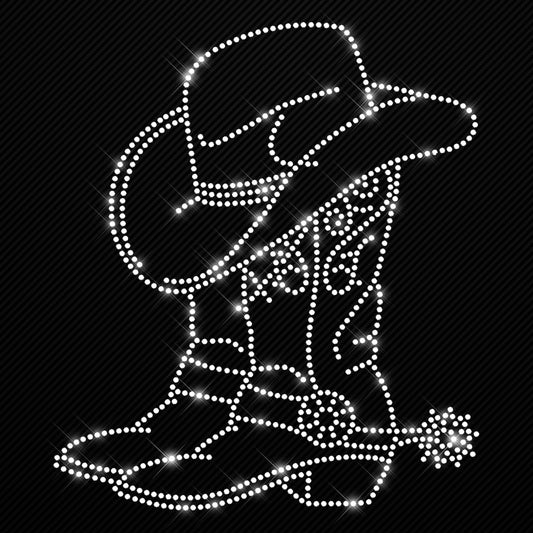 Glitzerdeals Bügelbild Strass Cowboystiefel mit Hut Line Dance Strassmotiv zum Aufbügeln Cowgirl Bügelmotiv Westernreiten Strass Aufbügler Cowgirl