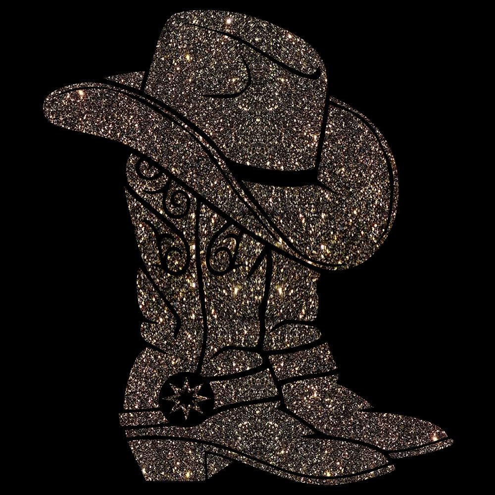 Glitzerdeals Bügelbild Glitzer Line Dance Cowboystiefel Glitzerbild zum Aufbügeln Line Dance Glitzerflex Cowboyhut Bling Aufbügler Line Dance