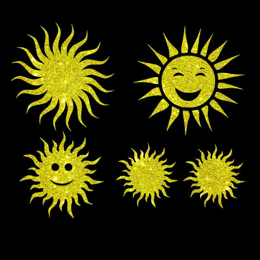 Glitzerdeals Bügelbild Glitzer Sonne mit Gesicht Set Sonnen Glitzerbild zum Aufbügeln Sonne Glitzerflex Sonnen Bling Aufbügler Sonne