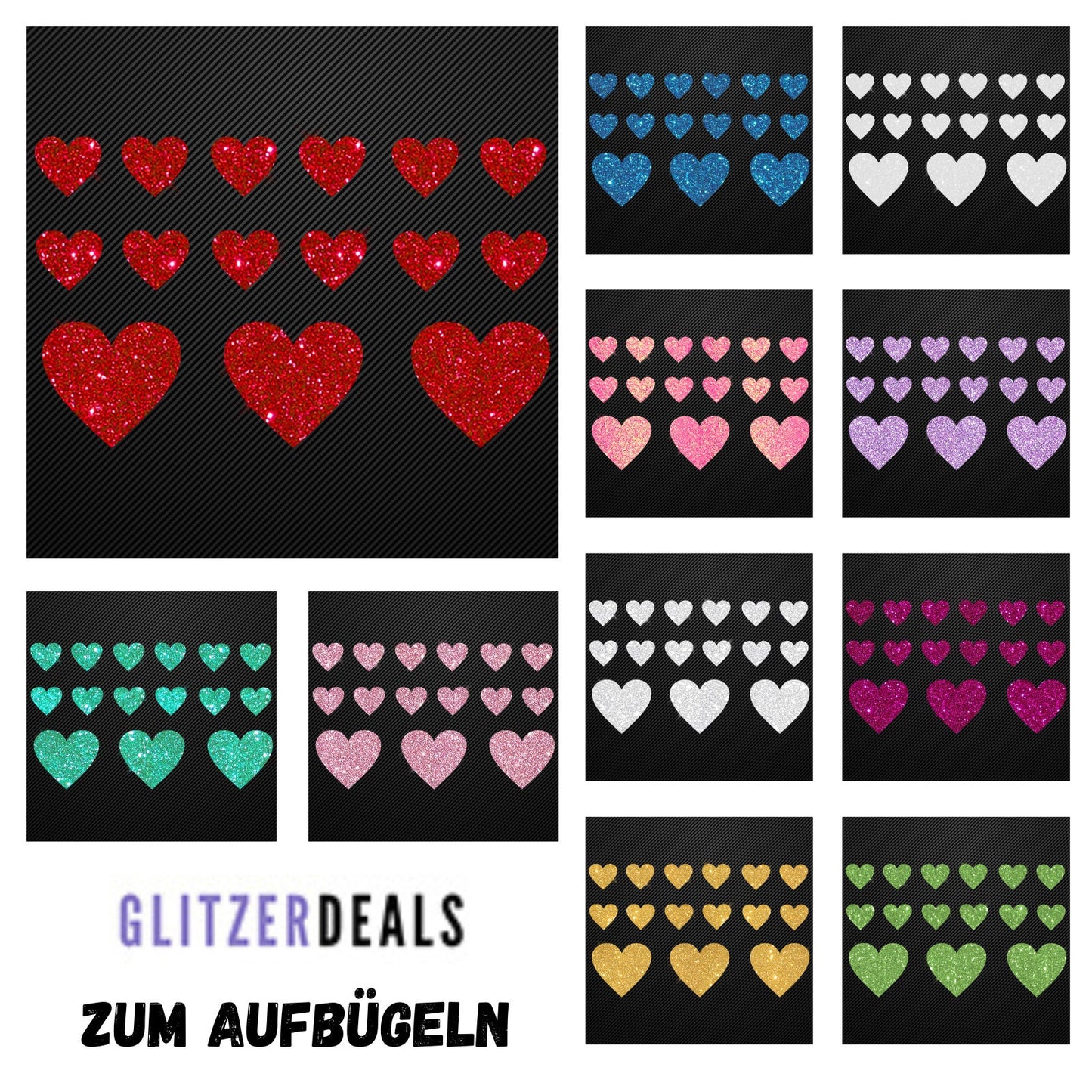 Glitzerdeals Bügelbild Glitzer Herzen zum Aufbügeln Aufbügler Glitzer Herz Bügelmotiv Glitter Herz Set Glitzerbild Bügelbilder mit Glitzer