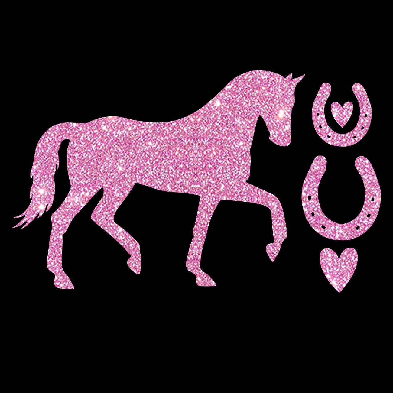 Glitzerdeals Bügelmotiv Pferd mit Hufeisen Aufbügler Glitzer Bügelbild Pferde Bügelmotiv Reiterin Glitzerbild Reiten Pferd zum Aufbügeln