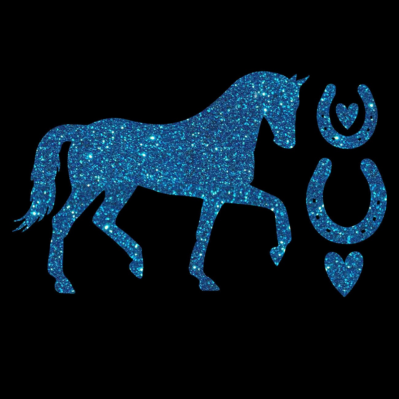 Glitzerdeals Bügelmotiv Pferd mit Hufeisen Aufbügler Glitzer Bügelbild Pferde Bügelmotiv Reiterin Glitzerbild Reiten Pferd zum Aufbügeln