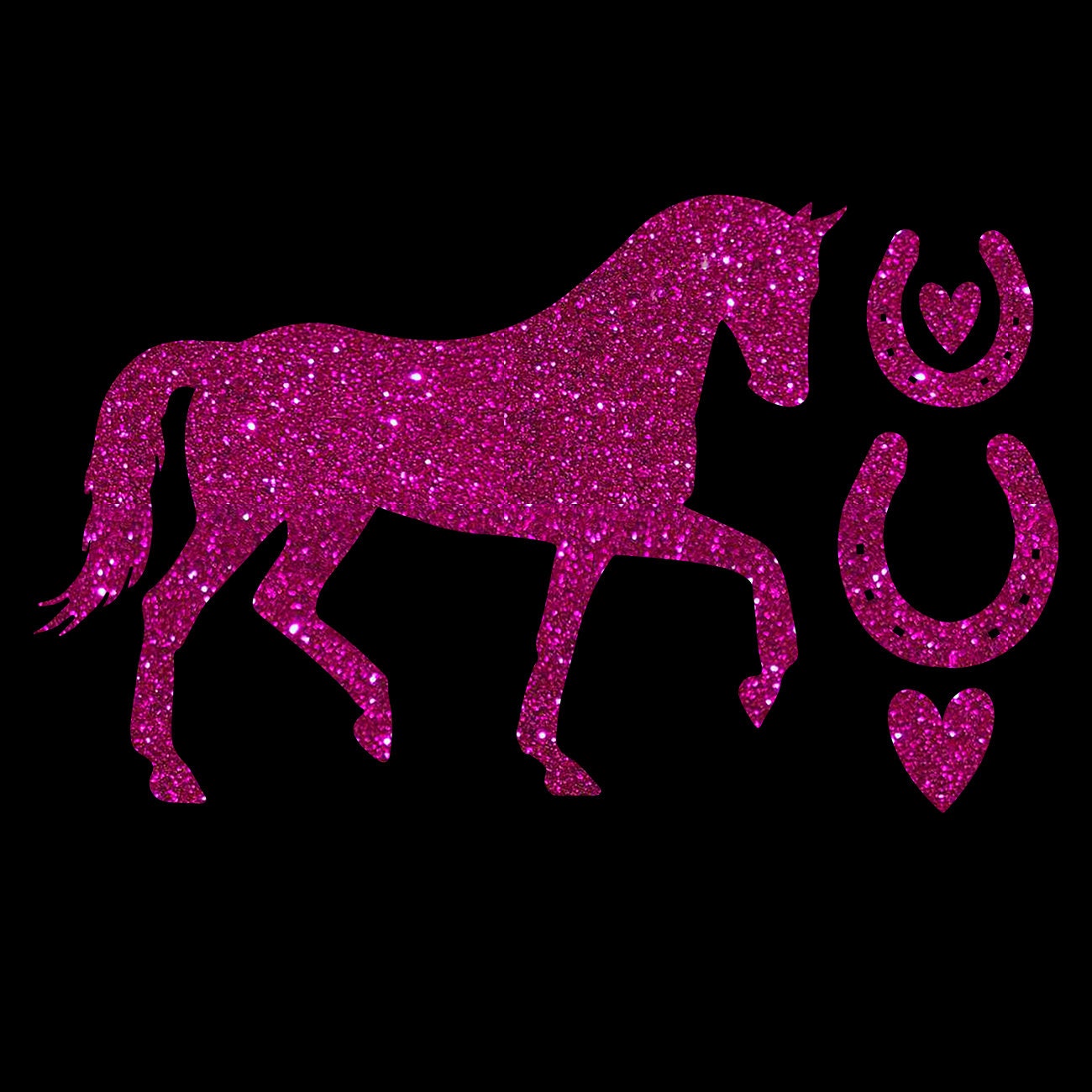 Glitzerdeals Bügelmotiv Pferd mit Hufeisen Aufbügler Glitzer Bügelbild Pferde Bügelmotiv Reiterin Glitzerbild Reiten Pferd zum Aufbügeln