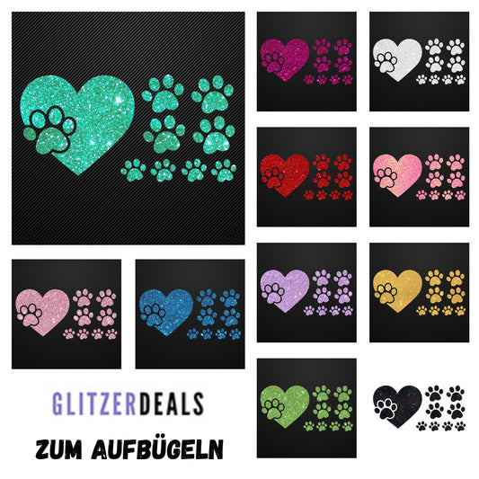 Glitzerdeals Bügelbild Glitzer Pfoten zum Aufbügeln Aufbügler Pfote im Herz Bügelmotiv Glitter Set Glitzerbild Bügelbilder mit Glitzer