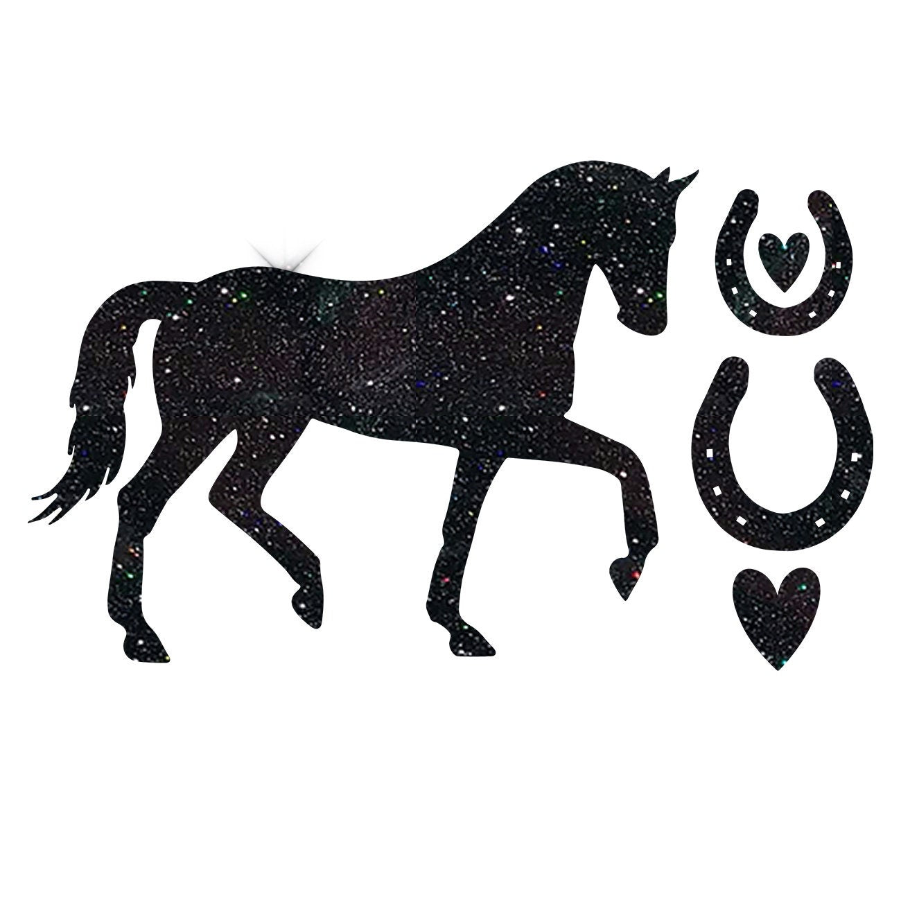 Glitzerdeals Bügelmotiv Pferd mit Hufeisen Aufbügler Glitzer Bügelbild Pferde Bügelmotiv Reiterin Glitzerbild Reiten Pferd zum Aufbügeln