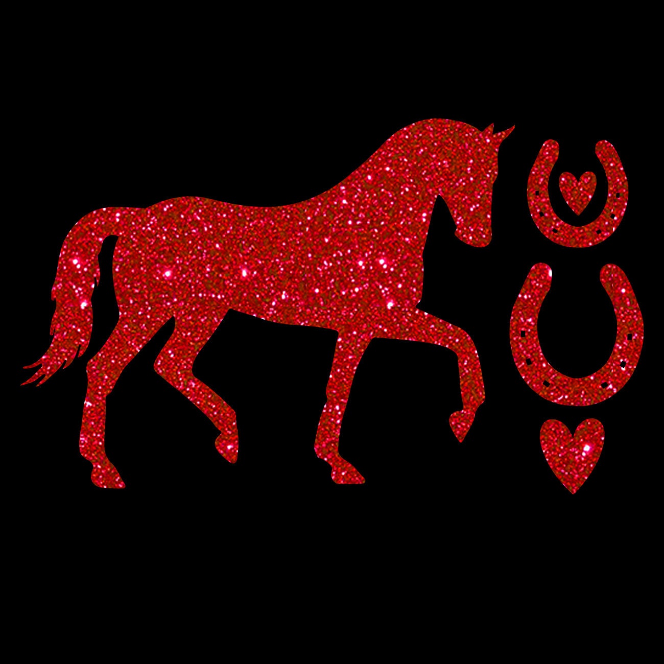 Glitzerdeals Bügelmotiv Pferd mit Hufeisen Aufbügler Glitzer Bügelbild Pferde Bügelmotiv Reiterin Glitzerbild Reiten Pferd zum Aufbügeln