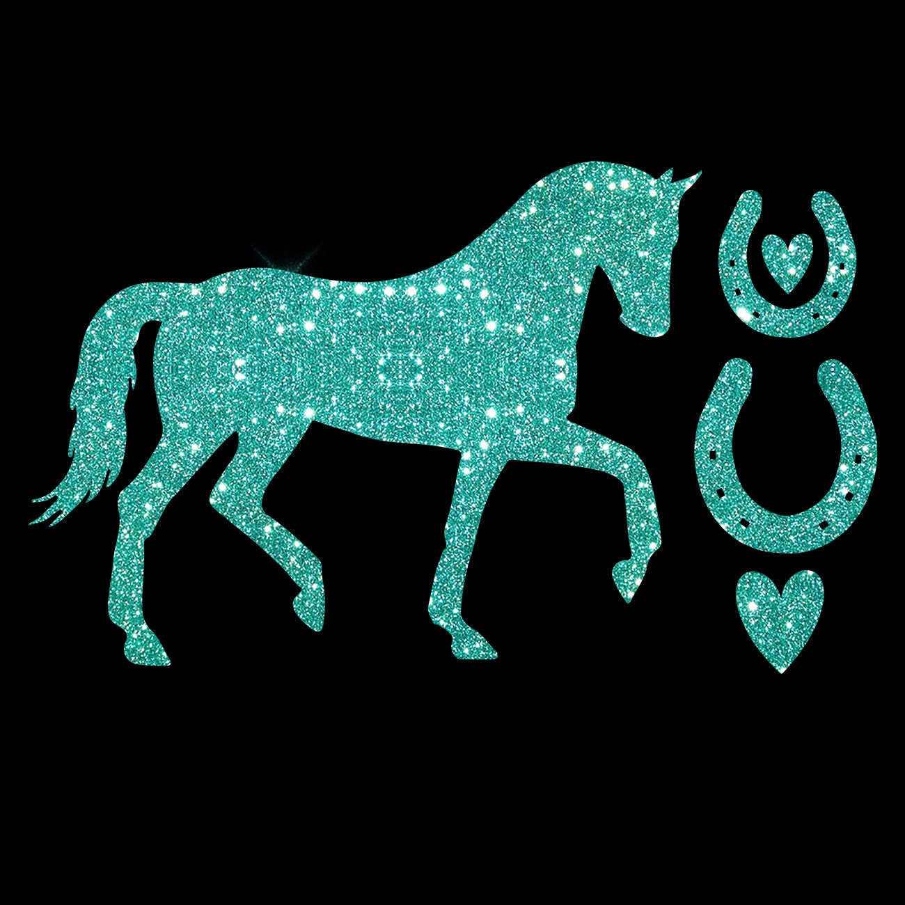 Glitzerdeals Bügelmotiv Pferd mit Hufeisen Aufbügler Glitzer Bügelbild Pferde Bügelmotiv Reiterin Glitzerbild Reiten Pferd zum Aufbügeln