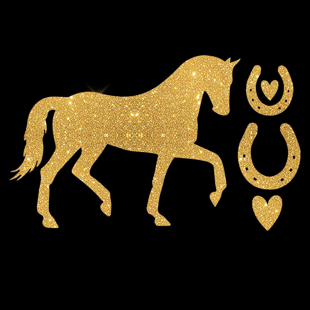 Glitzerdeals Bügelmotiv Pferd mit Hufeisen Aufbügler Glitzer Bügelbild Pferde Bügelmotiv Reiterin Glitzerbild Reiten Pferd zum Aufbügeln